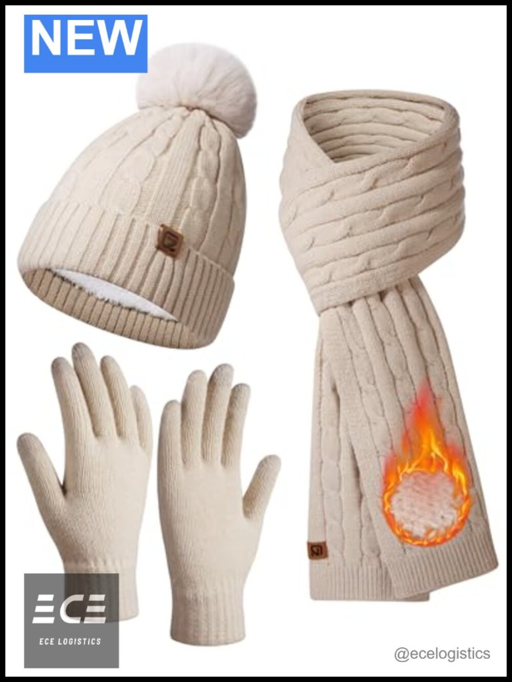 Cable Knit Winter Beanie Scarf Gloves Set Touchscreen Fingertips Warm